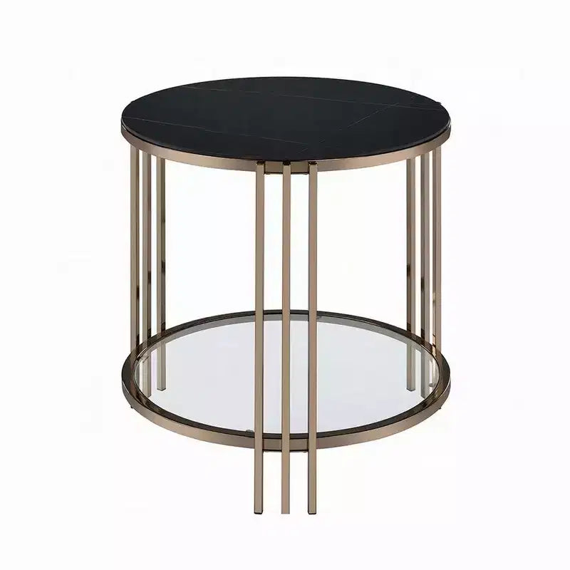 Royal Hampton Side End Table, 23 Inch, Round Sintered Stone Top, Black and Gold