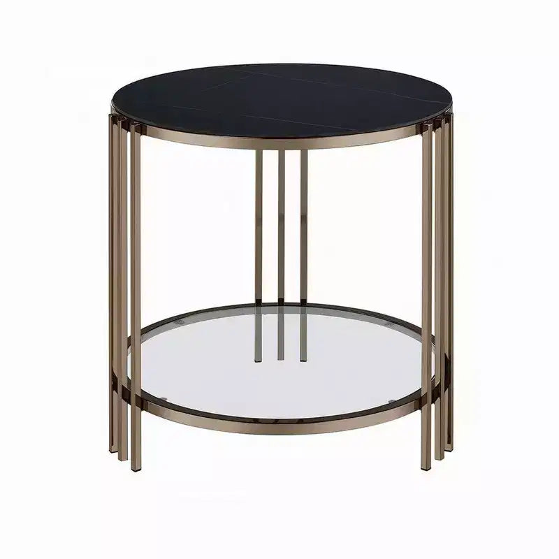 Royal Hampton Side End Table, 23 Inch, Round Sintered Stone Top, Black and Gold