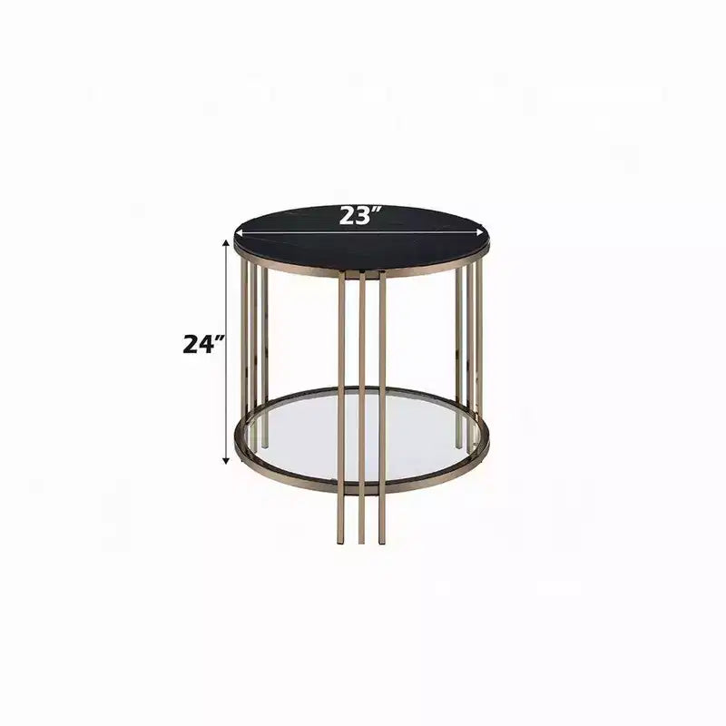 Royal Hampton Side End Table, 23 Inch, Round Sintered Stone Top, Black and Gold
