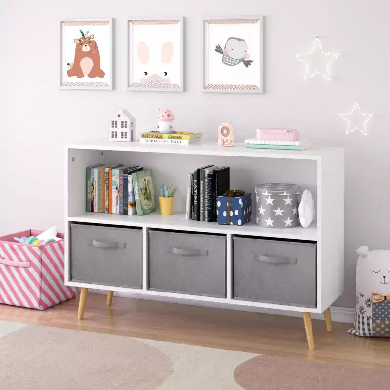 JVNOXK-35.4 in Kids bookcase with Collapsible Fabric Drawers, Children's Book Display, Toy Storage Cabinet Organizer, White/Gray
