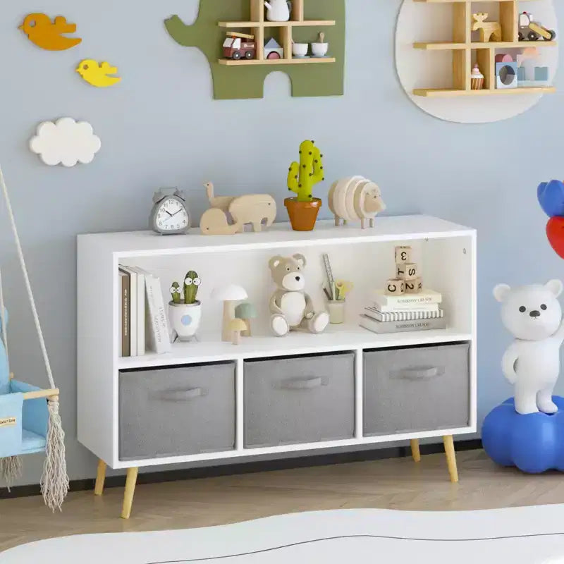 JVNOXK-35.4 in Kids bookcase with Collapsible Fabric Drawers, Children's Book Display, Toy Storage Cabinet Organizer, White/Gray