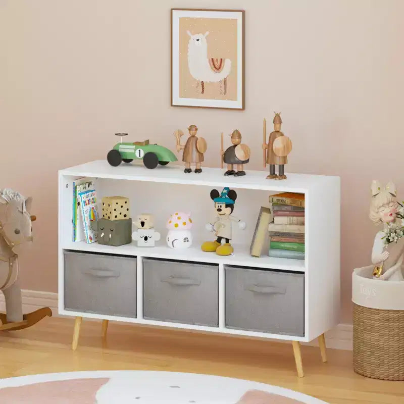 JVNOXK-35.4 in Kids bookcase with Collapsible Fabric Drawers, Children's Book Display, Toy Storage Cabinet Organizer, White/Gray