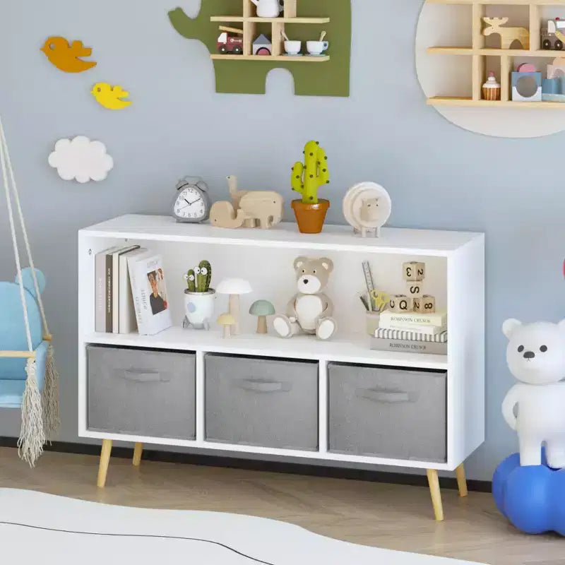JVNOXK-35.4 in Kids bookcase with Collapsible Fabric Drawers, Children's Book Display, Toy Storage Cabinet Organizer, White/Gray