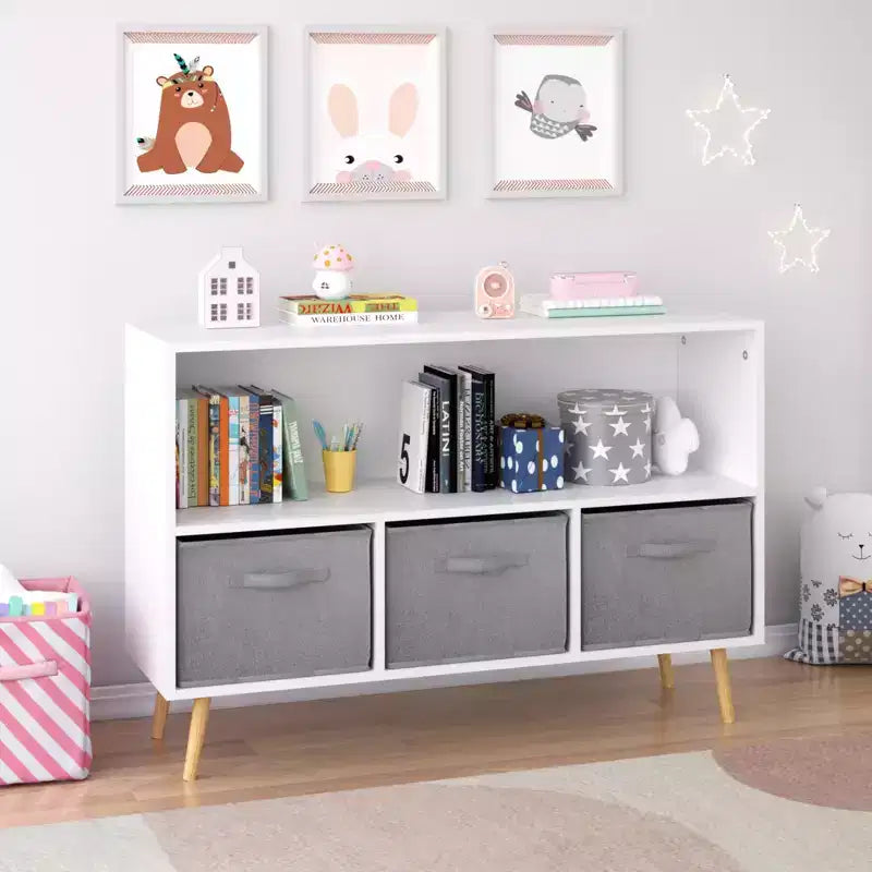JVNOXK-35.4 in Kids bookcase with Collapsible Fabric Drawers, Children's Book Display, Toy Storage Cabinet Organizer, White/Gray