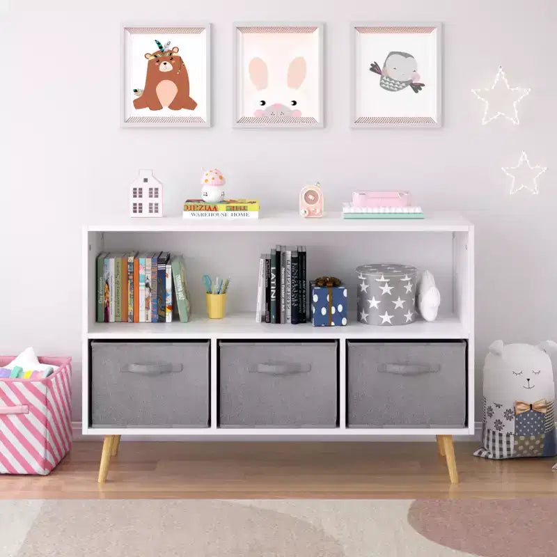 JVNOXK-35.4 in Kids bookcase with Collapsible Fabric Drawers, Children's Book Display, Toy Storage Cabinet Organizer, White/Gray