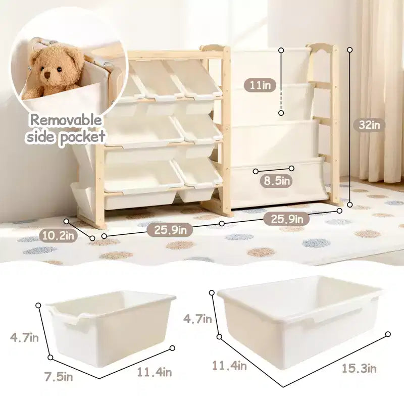 Solid Wood Toy Organizer and Bookshelf 2-in-1, Natural Pine Kids Storage Shelf with 7 Bins, Side Pockets and 4-Tier Book Rack for Playroom or Nursery