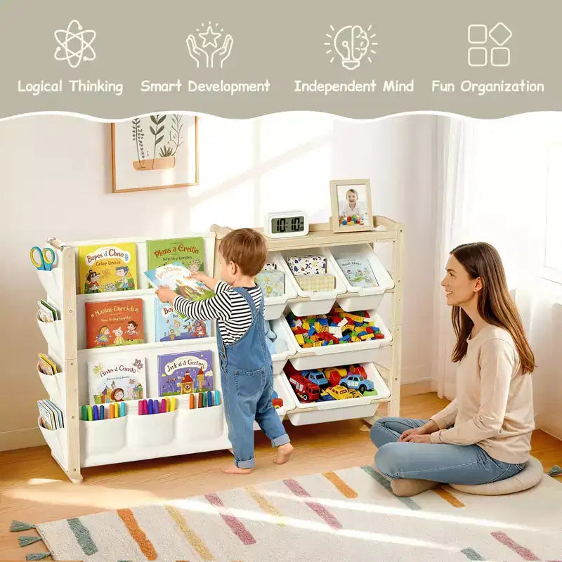 Solid Wood Toy Organizer and Bookshelf 2-in-1, Natural Pine Kids Storage Shelf with 7 Bins, Side Pockets and 4-Tier Book Rack for Playroom or Nursery