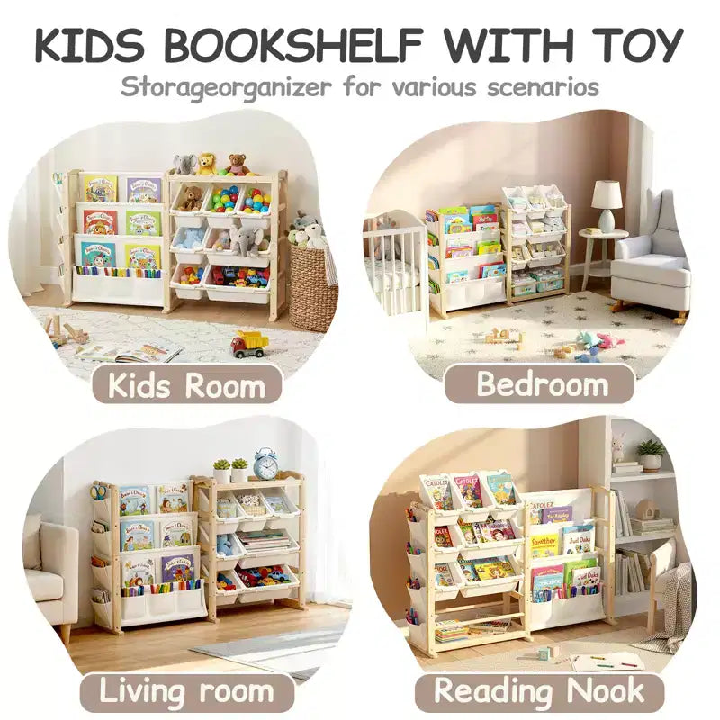 Solid Wood Toy Organizer and Bookshelf 2-in-1, Natural Pine Kids Storage Shelf with 7 Bins, Side Pockets and 4-Tier Book Rack for Playroom or Nursery