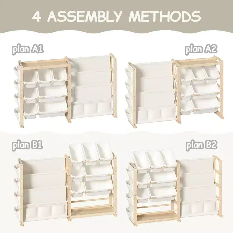 Solid Wood Toy Organizer and Bookshelf 2-in-1, Natural Pine Kids Storage Shelf with 7 Bins, Side Pockets and 4-Tier Book Rack for Playroom or Nursery