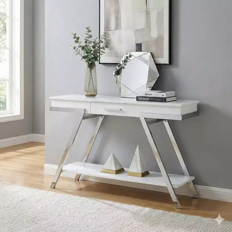Royal Hampton 48 Inch Sofa Table, Open Shelf, Chrome Frame, High Gloss White Finish
