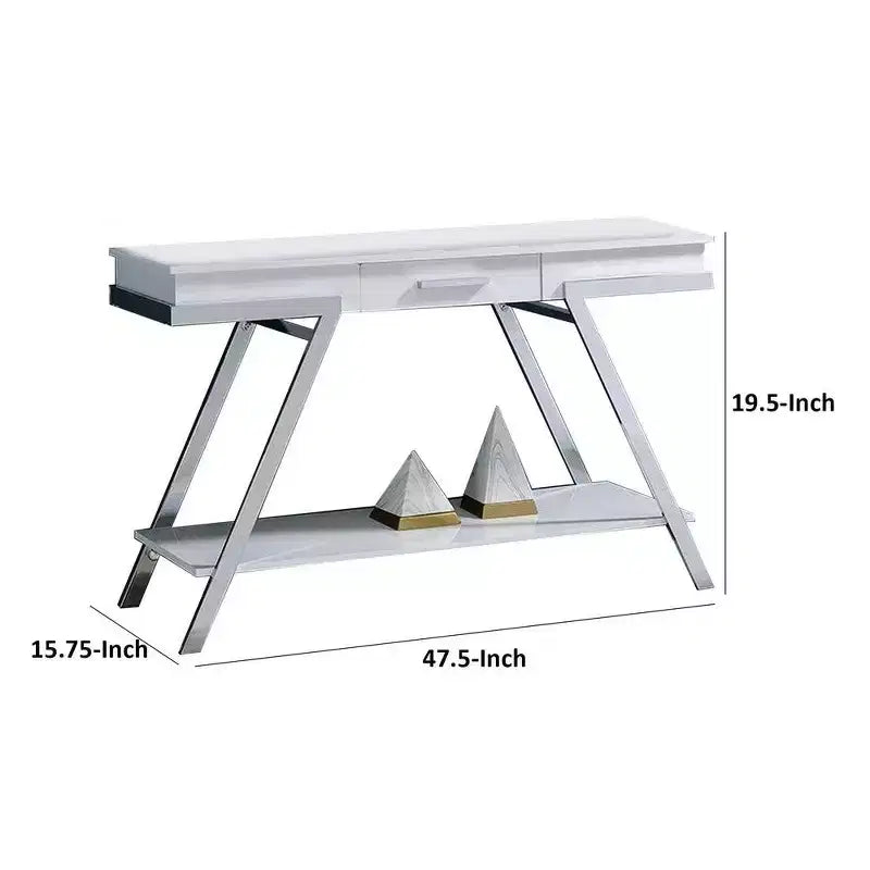 Royal Hampton 48 Inch Sofa Table, Open Shelf, Chrome Frame, High Gloss White Finish