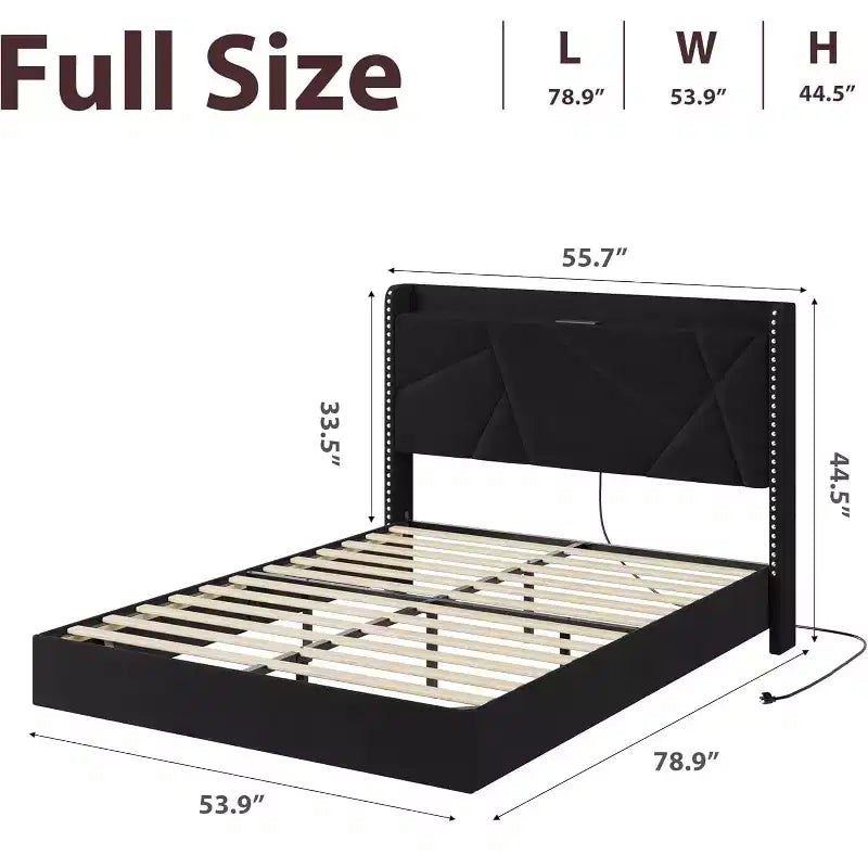 Floating Upholstered Platform Bed Frame with Lights & Charging Station No Box Spring Needed