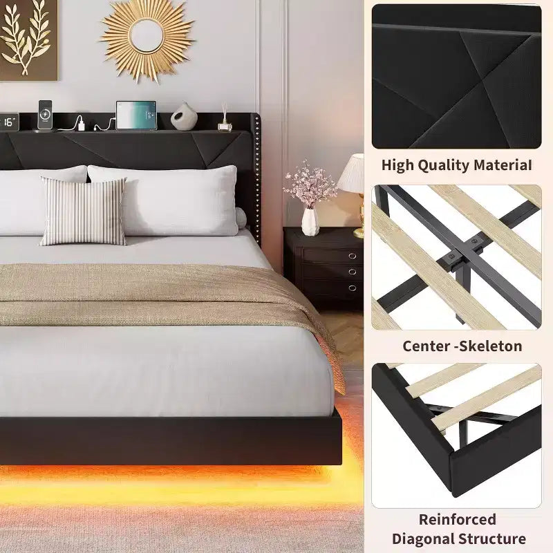 Floating Upholstered Platform Bed Frame with Lights & Charging Station No Box Spring Needed