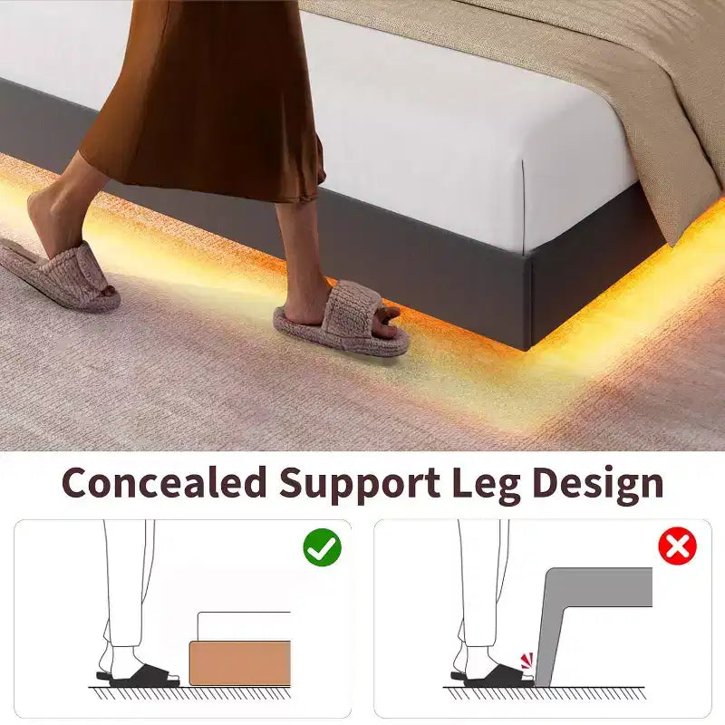 Floating Upholstered Platform Bed Frame with Lights & Charging Station No Box Spring Needed