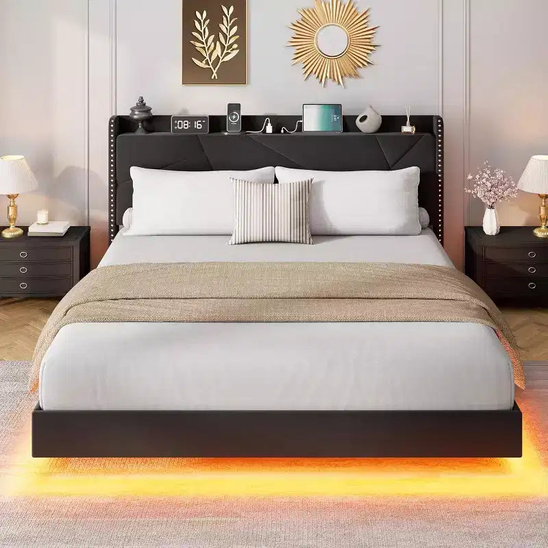 Floating Upholstered Platform Bed Frame with Lights & Charging Station No Box Spring Needed