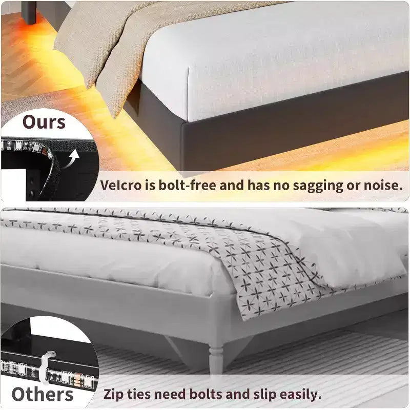 Floating Upholstered Platform Bed Frame with Lights & Charging Station No Box Spring Needed