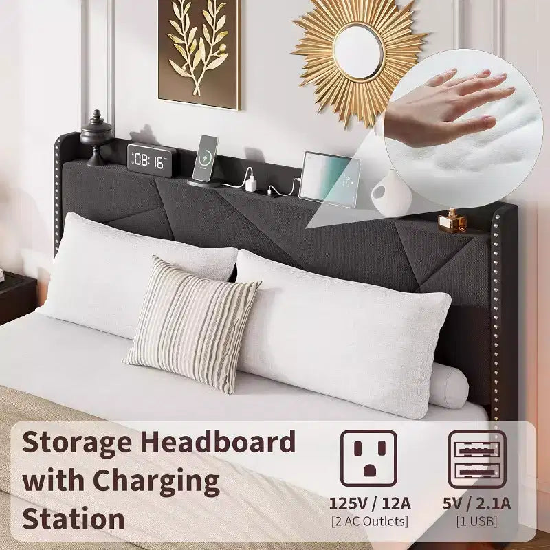 Floating Upholstered Platform Bed Frame with Lights & Charging Station No Box Spring Needed