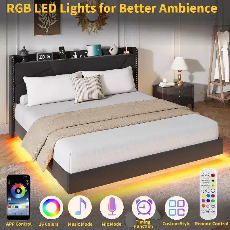 Floating Upholstered Platform Bed Frame with Lights & Charging Station No Box Spring Needed