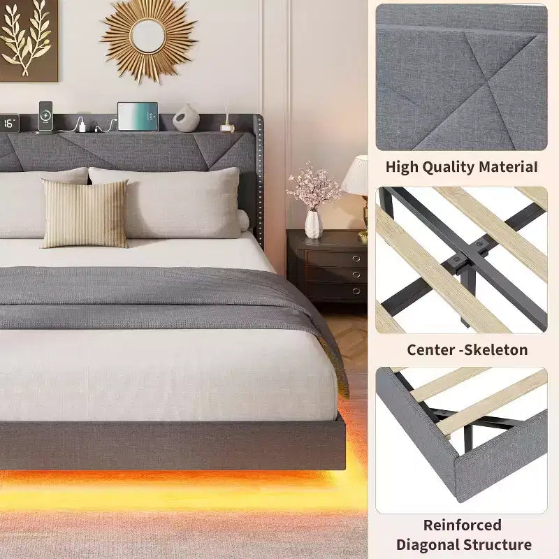Floating Upholstered Platform Bed Frame with Lights & Charging Station No Box Spring Needed