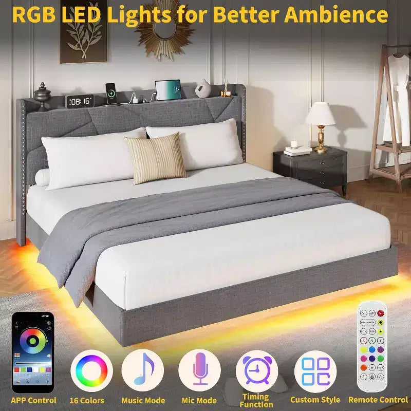 Floating Upholstered Platform Bed Frame with Lights & Charging Station No Box Spring Needed