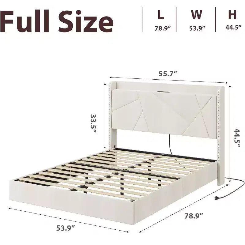 Floating Upholstered Platform Bed Frame with Lights & Charging Station No Box Spring Needed