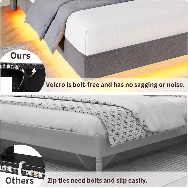 Floating Upholstered Platform Bed Frame with Lights & Charging Station No Box Spring Needed