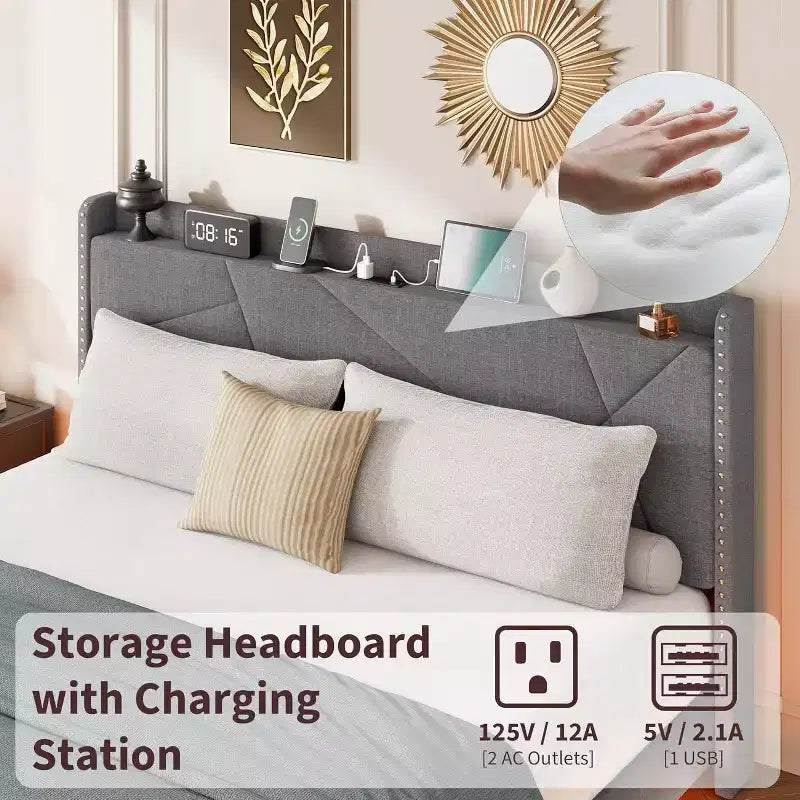 Floating Upholstered Platform Bed Frame with Lights & Charging Station No Box Spring Needed