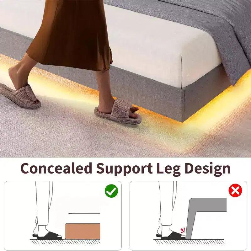 Floating Upholstered Platform Bed Frame with Lights & Charging Station No Box Spring Needed