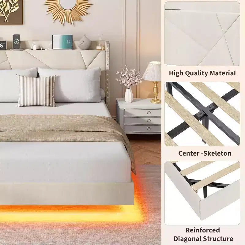 Floating Upholstered Platform Bed Frame with Lights & Charging Station No Box Spring Needed
