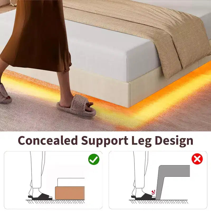 Floating Upholstered Platform Bed Frame with Lights & Charging Station No Box Spring Needed