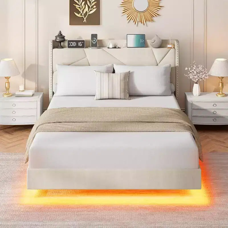 Floating Upholstered Platform Bed Frame with Lights & Charging Station No Box Spring Needed