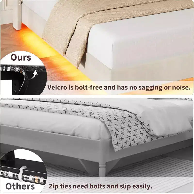 Floating Upholstered Platform Bed Frame with Lights & Charging Station No Box Spring Needed