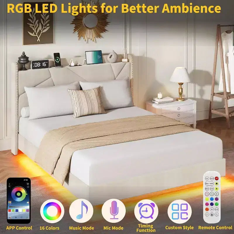 Floating Upholstered Platform Bed Frame with Lights & Charging Station No Box Spring Needed