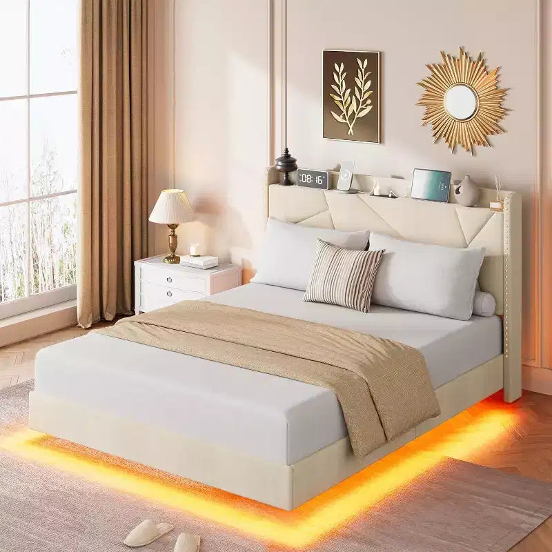 Floating Upholstered Platform Bed Frame with Lights & Charging Station No Box Spring Needed