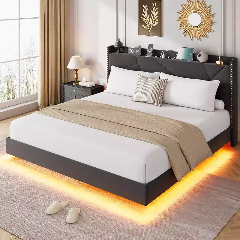 Floating Upholstered Platform Bed Frame with Lights & Charging Station No Box Spring Needed