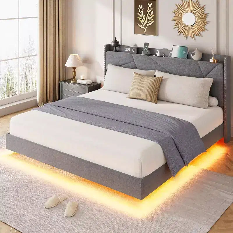 Floating Upholstered Platform Bed Frame with Lights & Charging Station No Box Spring Needed