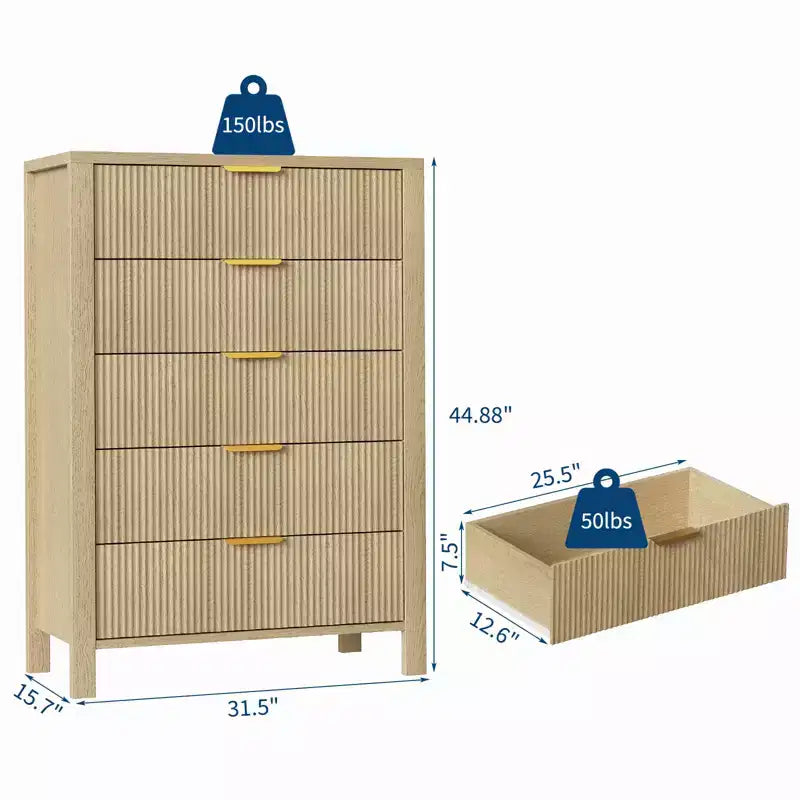 Slim Dresser for Small Spaces,Fluted 5 Drawer Dresse for Bedroom Apartment,