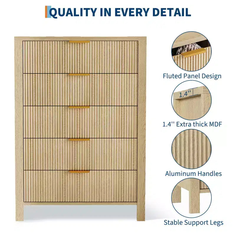 Slim Dresser for Small Spaces,Fluted 5 Drawer Dresse for Bedroom Apartment,