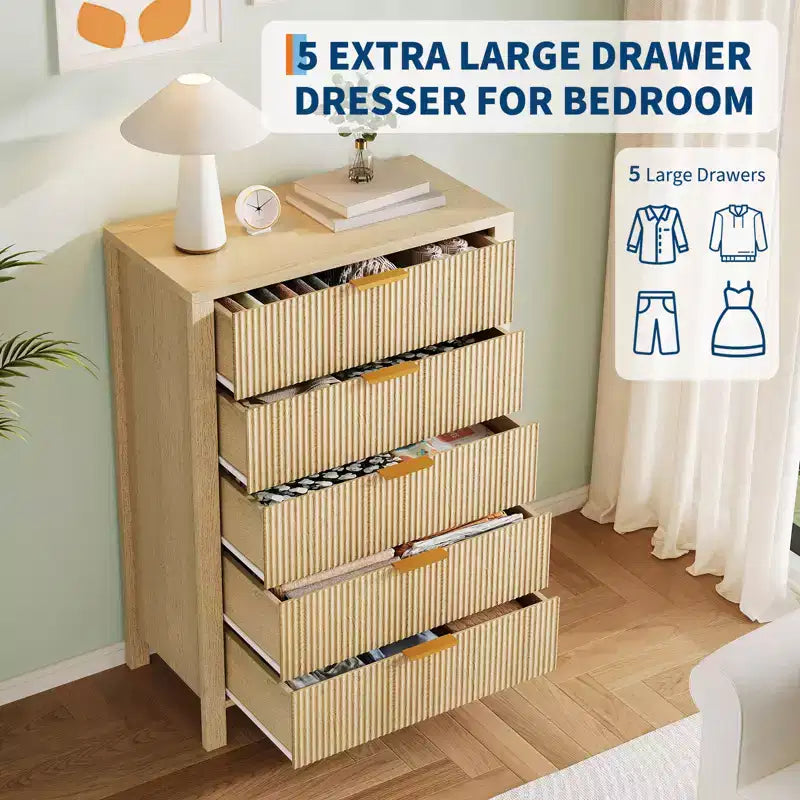 Slim Dresser for Small Spaces,Fluted 5 Drawer Dresse for Bedroom Apartment,