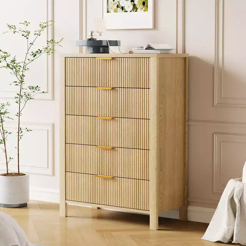 Slim Dresser for Small Spaces,Fluted 5 Drawer Dresse for Bedroom Apartment,