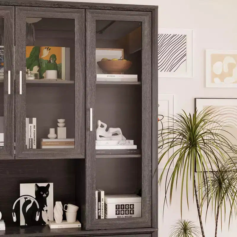 Famapy Kitchen Pantry Cabinet with Tempered Glass Doors,Glass Sideboard Buffet Table,Kitchen & Dining Room Storage Hub