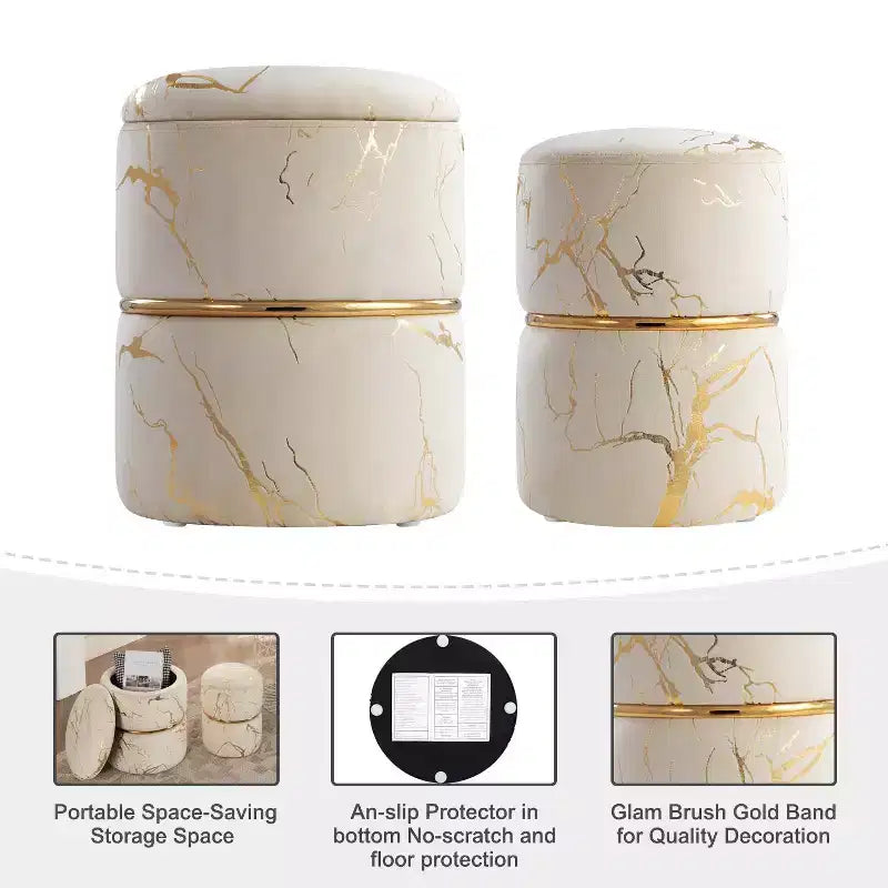 Furniliving 16 Velvet Round Ottoman with Storage Set of 2, Modern Footrest Upholstered Vanity Stool for Living Room, Bedroom
