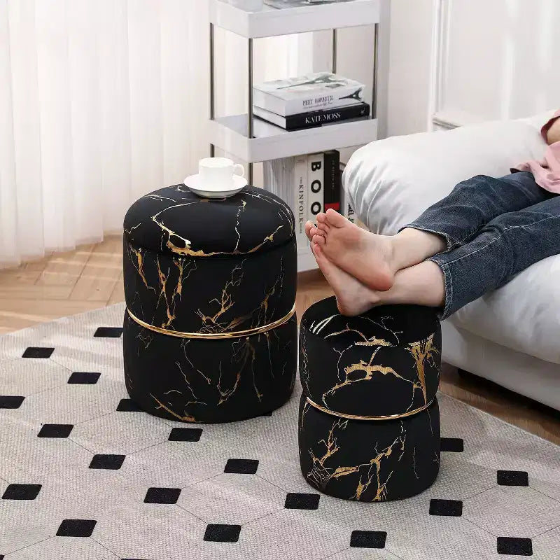 Furniliving 16 Velvet Round Ottoman with Storage Set of 2, Modern Footrest Upholstered Vanity Stool for Living Room, Bedroom