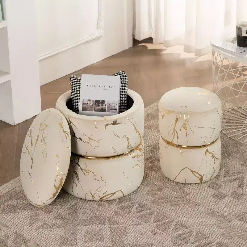 Furniliving 16 Velvet Round Ottoman with Storage Set of 2, Modern Footrest Upholstered Vanity Stool for Living Room, Bedroom