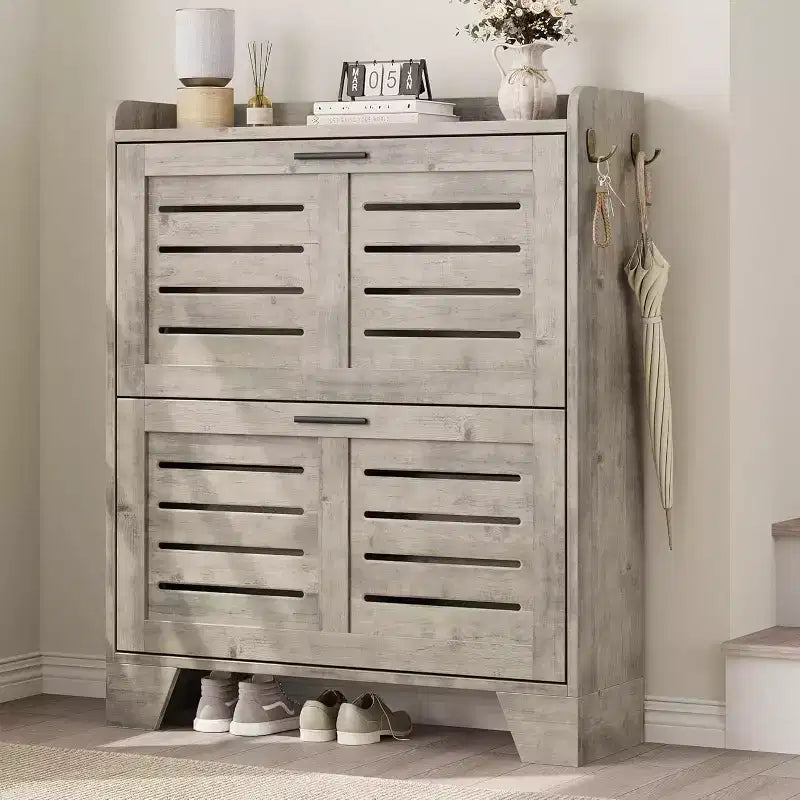 Shoe Cabinet with 4 Flip Drawers,Farmhouse Freestanding Shoe Cabinet with Shelves for Entryway, Living Room, Hallway