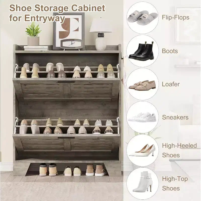 Shoe Cabinet with 4 Flip Drawers,Farmhouse Freestanding Shoe Cabinet with Shelves for Entryway, Living Room, Hallway