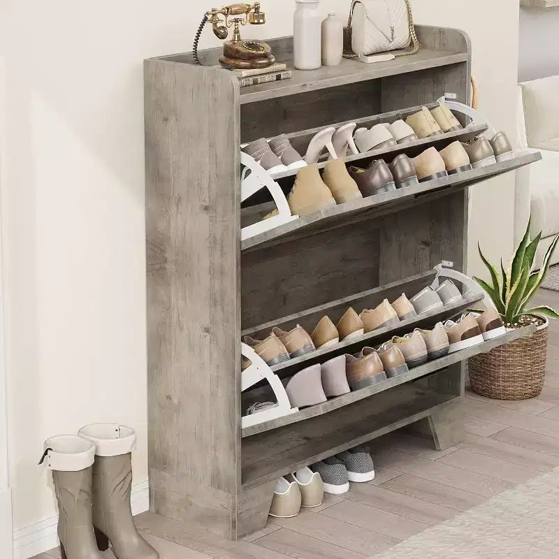 Shoe Cabinet with 4 Flip Drawers,Farmhouse Freestanding Shoe Cabinet with Shelves for Entryway, Living Room, Hallway