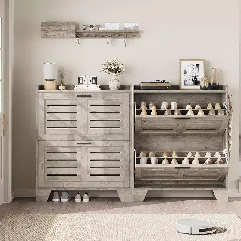 Shoe Cabinet with 4 Flip Drawers,Farmhouse Freestanding Shoe Cabinet with Shelves for Entryway, Living Room, Hallway