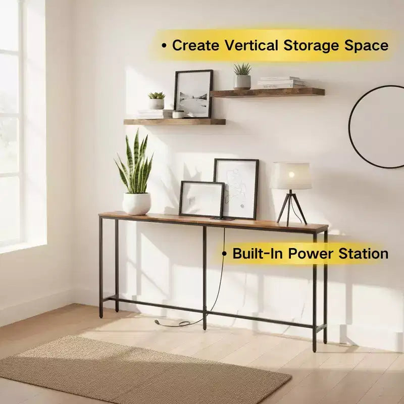 FurnitureR 71 Entryway Console Table with 2 Floating Wall Shelves, Industrial Narrow Hallway Table Set with Power Outlet for Living Room, Entryway
