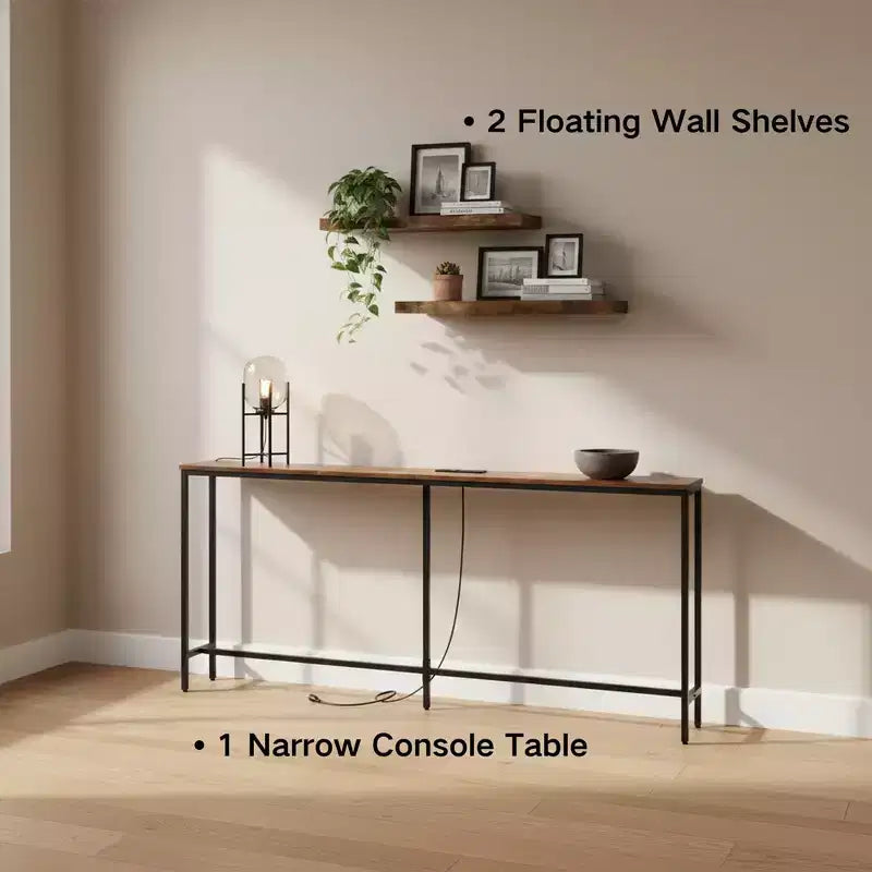 FurnitureR 71 Entryway Console Table with 2 Floating Wall Shelves, Industrial Narrow Hallway Table Set with Power Outlet for Living Room, Entryway